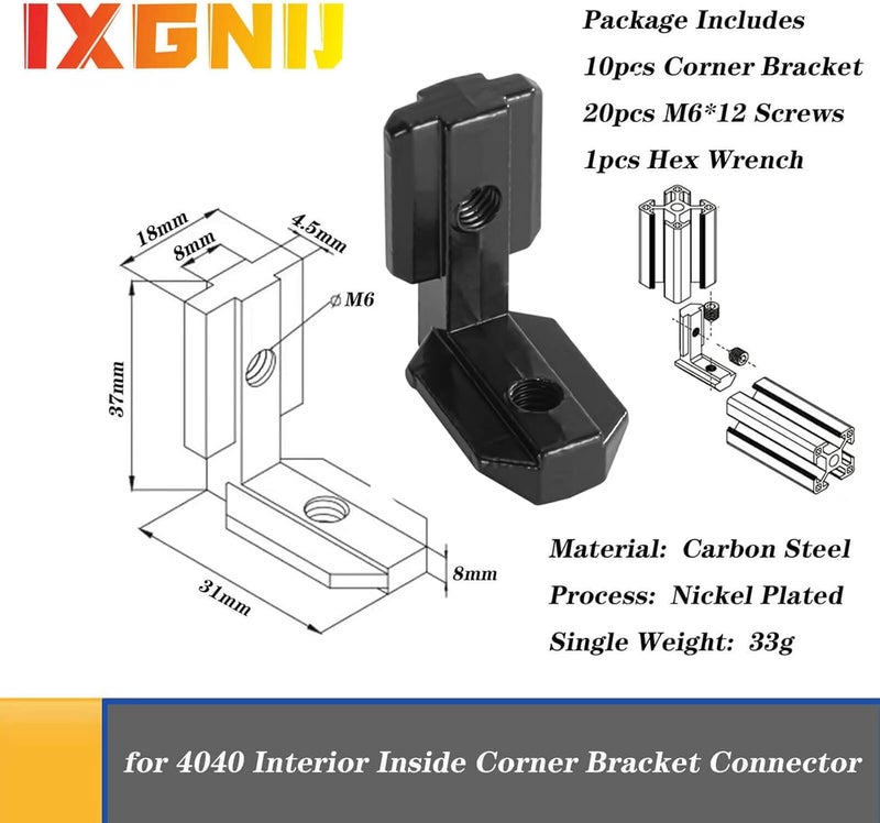 IXGNIJ 10PCS 4040 Corner Bracket L-Shape Interior Inside Connector for 4040 Aluminum Extrusion Accessories Black(10 LEB) - Image 2